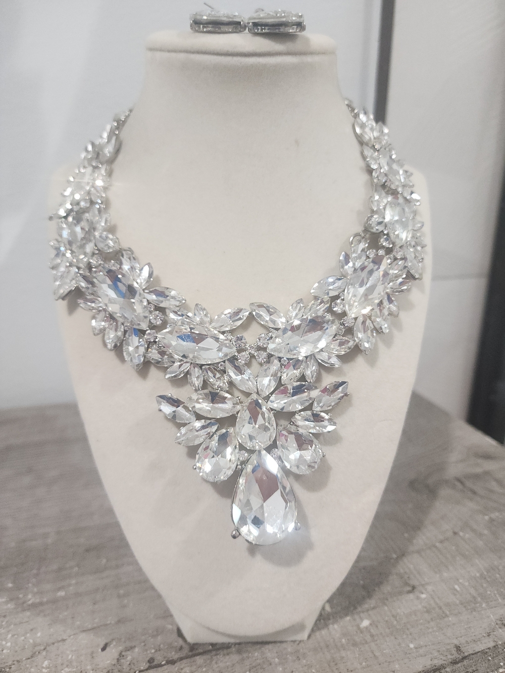 Crystal Statement Necklace and Earring Set - Silver Tone